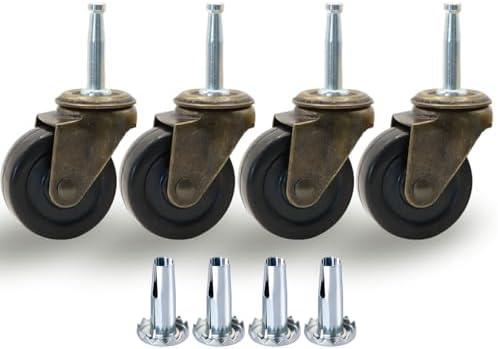 QAVBFA 1-1/2 Inch Antique Brass Caster Wheels, Rubber Casters 5/16 Inch x 1-1/2 Inch (8 x 38mm) Stem Sockets Caster for Sofa, Chair, Cabinet, Dresser Vintage Furniture Set of 4