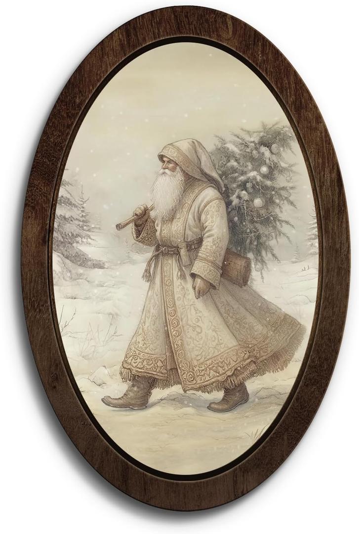 Wheatwin Vintage Christmas Santa Oval Framed Wall Art, Santa Picture Framed Wall Art, Neutral Winter Christmas Tree Wooden Wall Decor for Home Bedroom Living Room 14.5x9 Inch