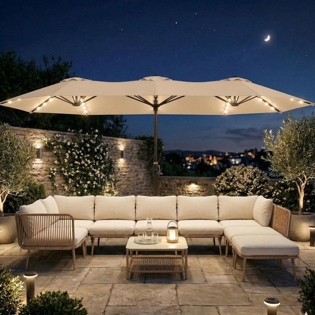15FT Large Outdoor Patio Umbrella with Solar Lights and Base, Double-Sided Table Umbrellas with 48 LED Lights, Rectangle Market Umbrella for Pool, Deck, Backyard