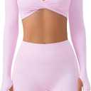 SUUKSESS Women 2 Piece Workout Sets Long Sleeve Twist Deep V Crop Padded Tops Yoga Leggings with Side Pockets (Pink, M)