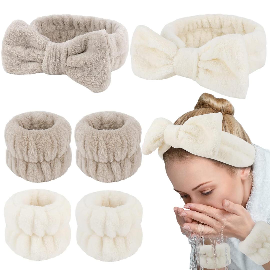WHAVEL 6PCS Spa Headband and Wristbands Set, Face Wash Headband Wrist Bands for Washing Face Makeup Skincare Hair Band Skin Care Accessories Tools (Beige, Light coffee)