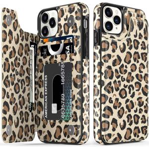 LETO for iPhone 11 Pro Max Case,Leather Wallet Case Flip Folio Cover with Fashionable Flower Designs for Girls Women,Card Slots,Protective Phone Case for iPhone 11 Pro Max 6.5" Brown Leopard