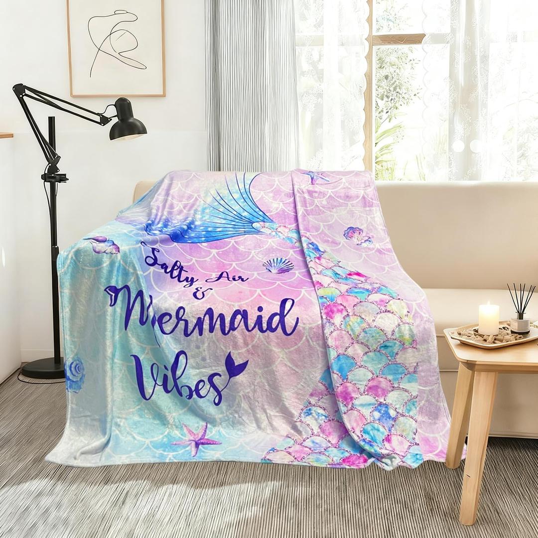 Mermaid Flannel Blanket 50x60 Inch - Soft Warm Cozy Throw for Sofa/Chair/Bed, Mermaid Home Decor, Gift for Girls Women Family