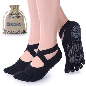 Ozaiic Yoga Socks for Women with Grips, Non-Slip Five Toe Socks for Pilates, Barre, Ballet, Fitness (One Size, 2 Pairs- Black Black)