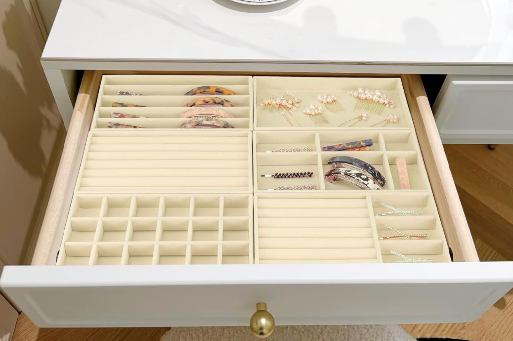 Velvet Stackable Jewelry Trays, Jewelry Drawer Organizer, Large Removable Display Jewelry Tray, Necklace Bracelet Storage Box for Earring, Ring, Brooch, Watch (Beige)