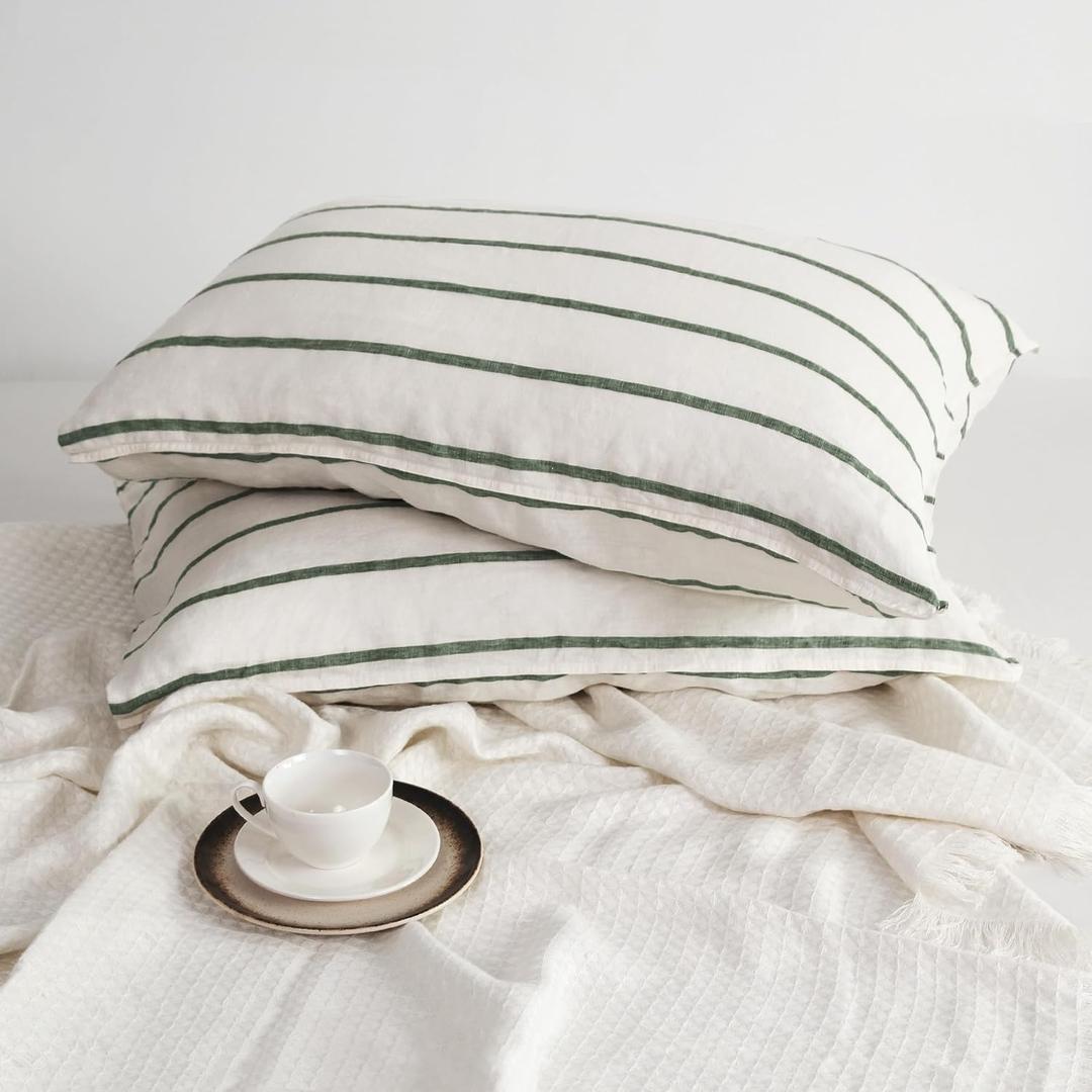 Striped Linen Pillow Cases Set of 2,20"x30" Standard/Queen Size,100% French Natural Flax Soft Breathable Linen Pillowcases,Olive Green and Cream Stripe