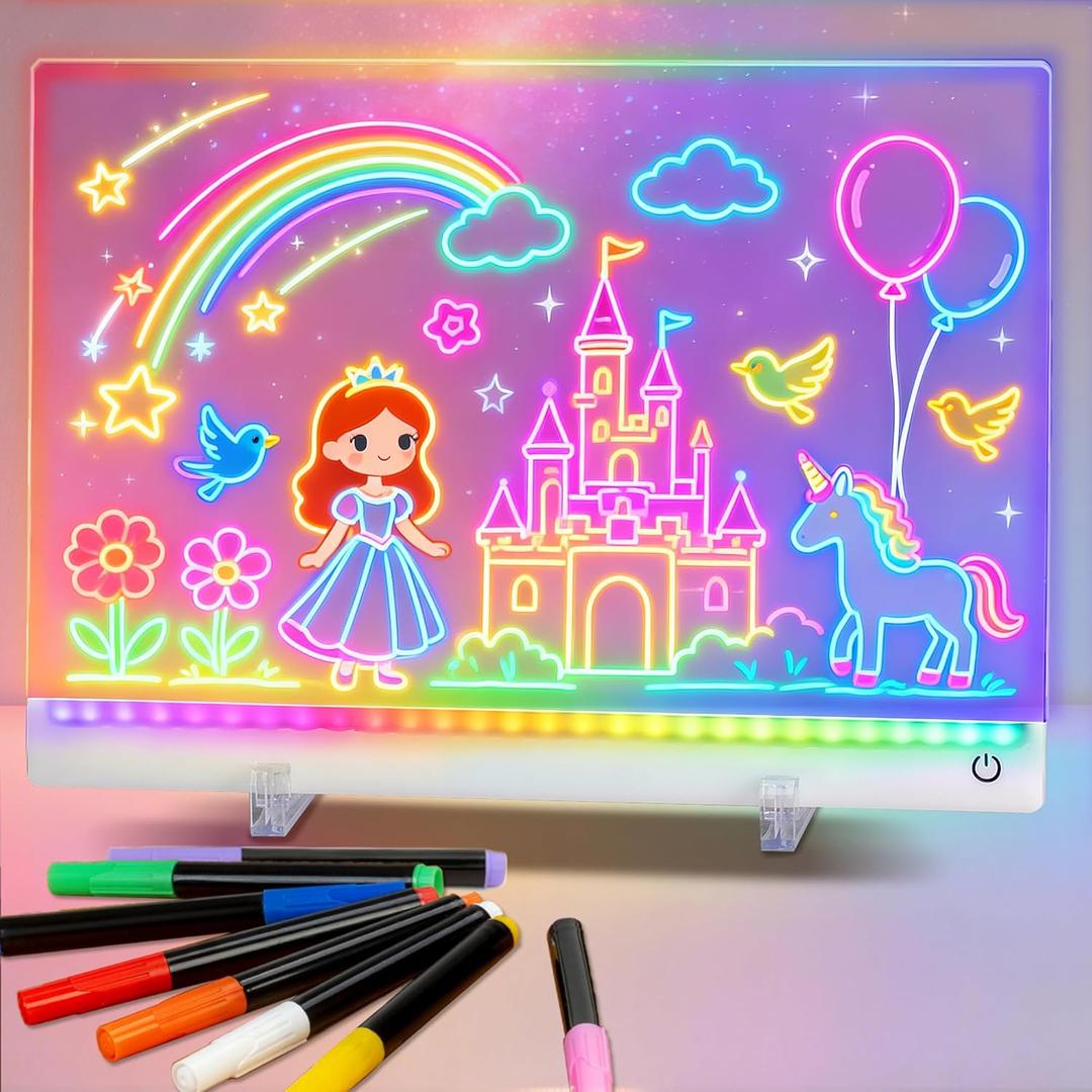 Rechargeable Led Drawing Board for Kids, 11.8*7.9" Dry Erase Board, 4 Modes &7 Colors Glow Doodle Note Board, Include Hanging Chain, 2 Stands, 8 Markers, Spray Bottle, Cleaning Cloth, Kid Girls Gifts