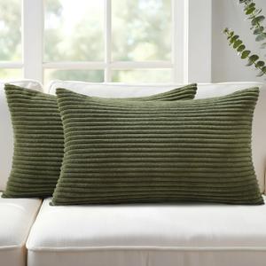 Mecatny Corduroy Summer Decorative Throw Pillow Covers 12x20 Set of 2 for Sofa Living Room, Soft Neutral Boho Couch Pillow Covers for Home Decor, Olive Green