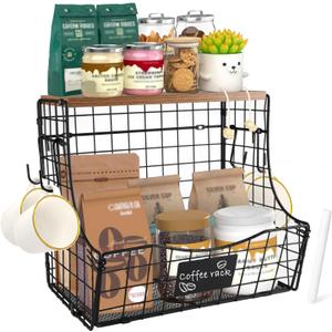 Coffee Bar Organizer Station,Coffee Pod Accessories Holder,Stackable Kitchen Storage Basket with Wood Lid&4 Hooks,Coffees Station Organizer,Tea Bag Storage Box for Office,Kitchen Countertop
