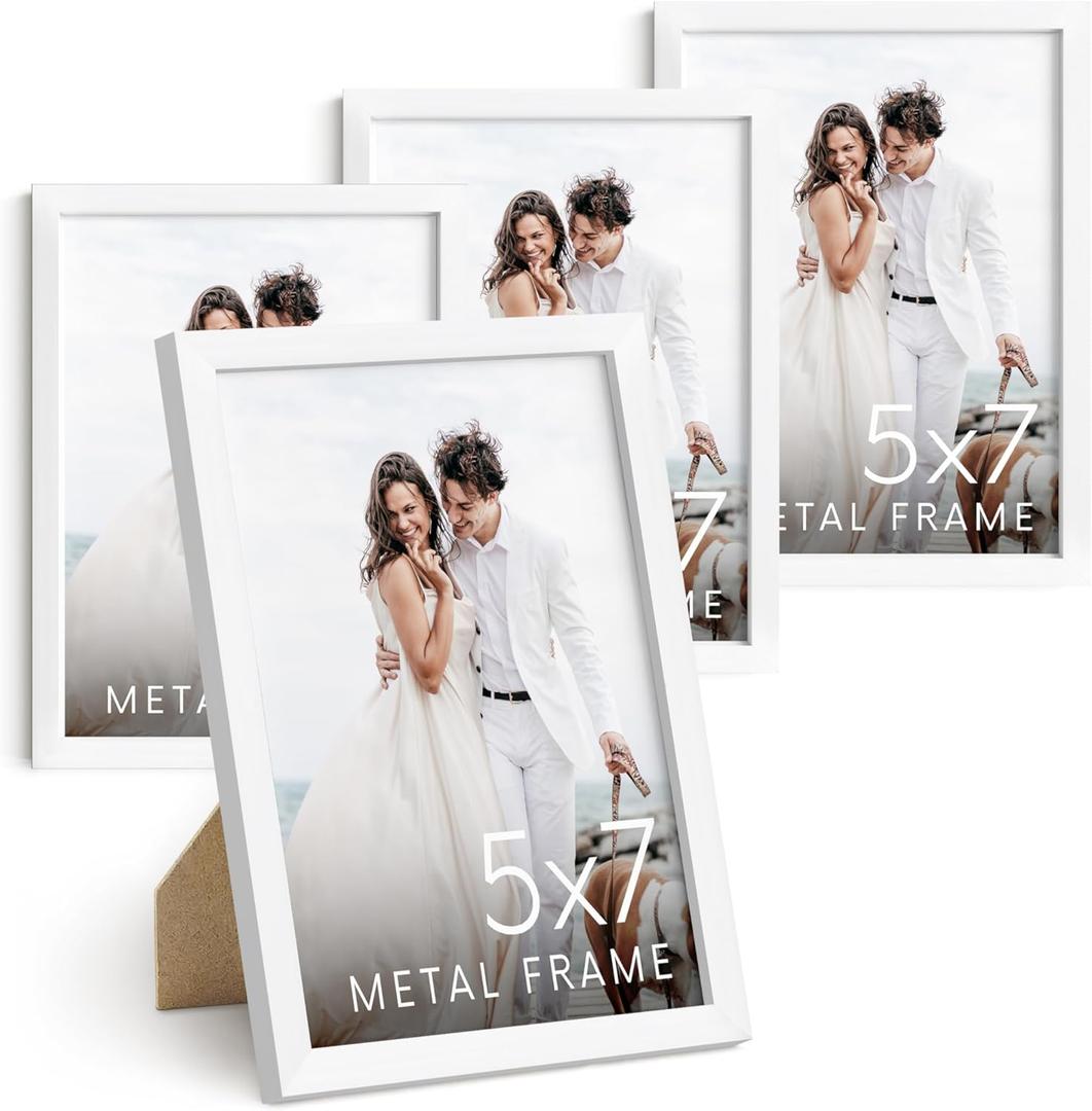 HAUS AND HUES 5x7 White Metal Picture Frames - Photo Frames 5X7 - Features Premium Aluminum, Vertical Hanging, Easel Back for Tabletop, Home, Office (5x7 in, White, Set of 3)