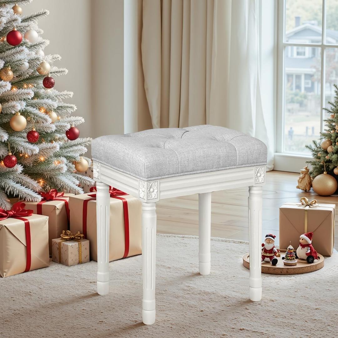 Upholstered Fabric Vanity Bench Seat, Makeup Stools for Vanity, 18" In Memory Foam Vanity Stool, Rectangle Tufted Ottoman Bench with Carved White Wood Legs for Bedroom Living Room, Light Gray