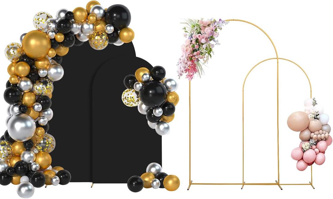 SuuWoee Arch Backdrop Stand Set of 2 With Black Cover (7.2FT+6FT) Gold Metal Wedding Arch Stand Balloon Arched for Birthday Party Baby Shower Graduation Ceremony Decoration