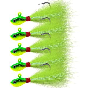 Alwonder 5-Pack Bucktail Jigs Hair Jigs Saltwater Freshwater Fishing Bucktail Lures Surf Fishing Jig Heads White Luminous Chartreuse Swimbait Jig for Bass Flounder Striper Bluefish Halibut Redfish