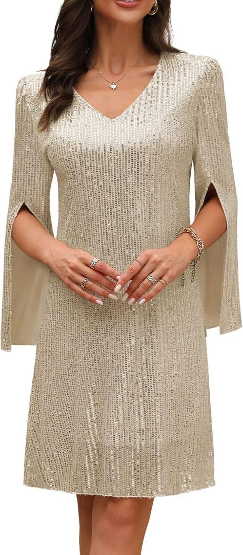 COOAN Wedding Guest Cocktail & Formal Dresses for Women - Lace Sequin Prom Evening Dress (Beige, M)