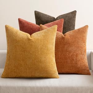 MIULEE Pack of 4 Orange/Yellow Couch Throw Pillow Covers 20x20 Inch Halloween Soft Decorative Chenille Pillows Farmhouse Accent Cushions for Boho Home Decor Spring Sofa Bedroom Living Room