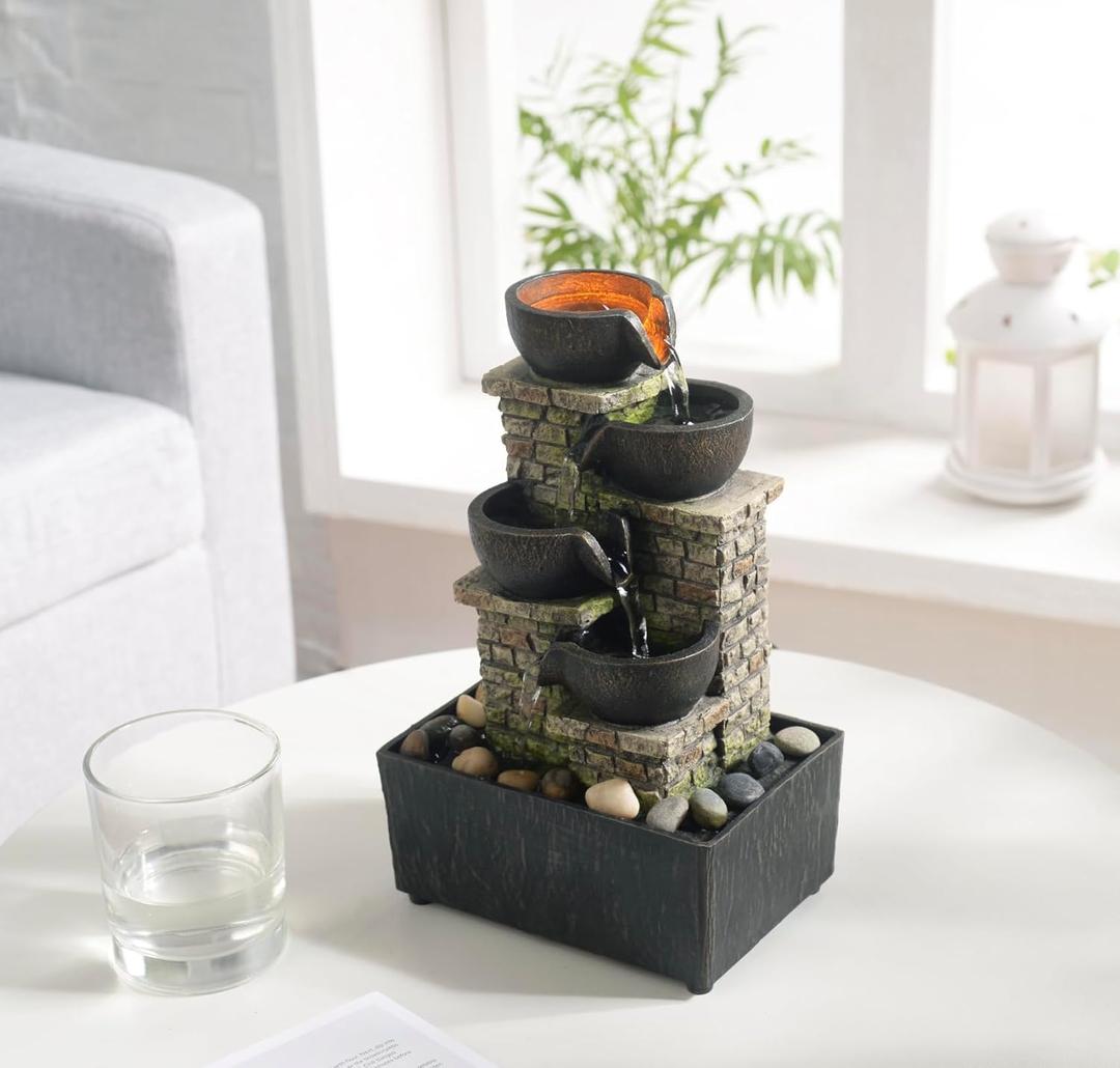 Haobos Indoor Waterfall Fountain 4Tier Cascading Bowl Home Décor Relaxation Water Zen Meditation Tabletop Fountain Artistic Desk Fountains with LED/Rocks Home/Office Decoration