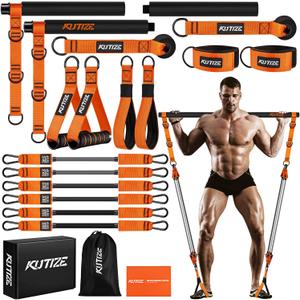 KUTIZE Pilates Bar Kit with Resistance Bands, Heavy Duty Pilates Equipment for Men, Training Bands with Handles for Legs, Hip, Back, Arm, Abs, Chest, Shoulders, Portable Home Gym Workout Equipment (1-Orange)