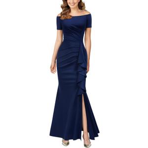 AISIZE Women's Elegant Off Shoulder Ruffle Formal Evening Long Dress (X-Large, Navy Blue)