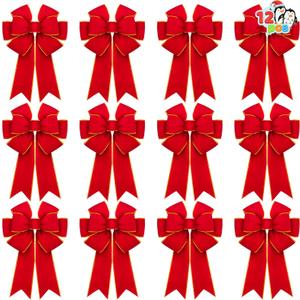 JOYIN 12 PCS Christmas Red Velvet Bows 14" x 12", Large Xmas Golden Edged Red Velvet Bow Tree Decor for Christmas Home Wreath Decoration