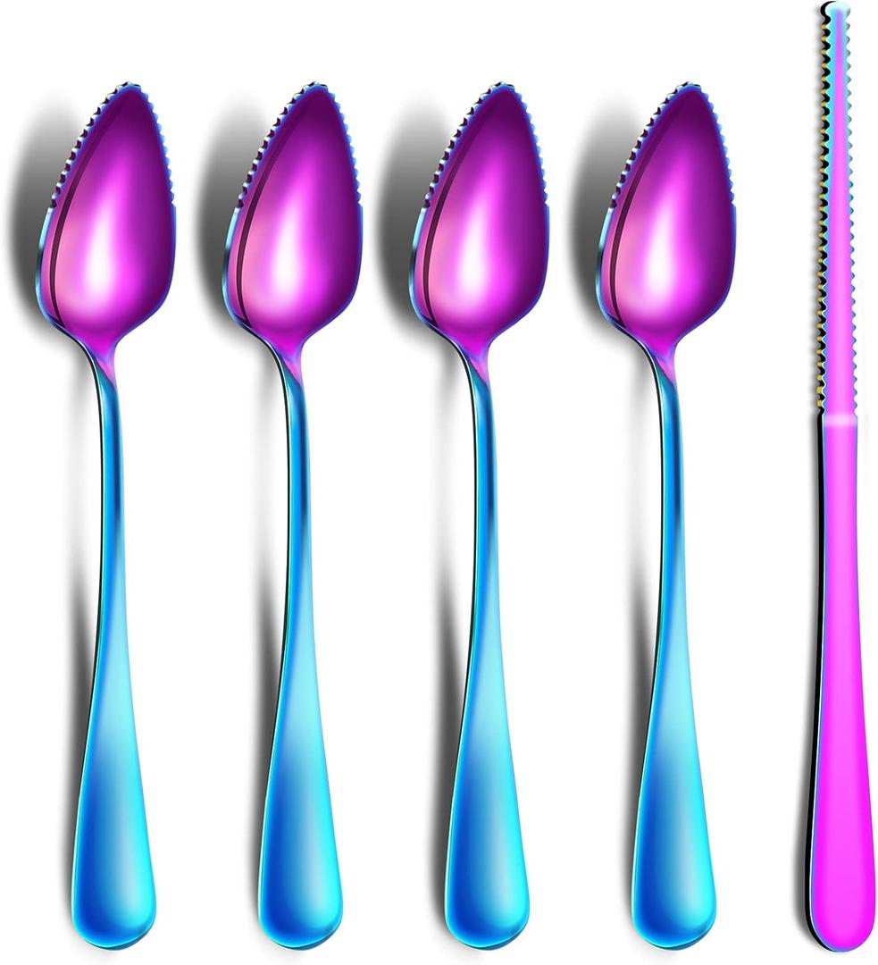 Grapefruit Spoons & Knife Set, Stainless Steel Utensils With Serrated Edge & Thick Gauge Handle, Rainbow Kitchen Tool, Non-stick Plating for Kiwi, Dessert, Apple (5 PCS)