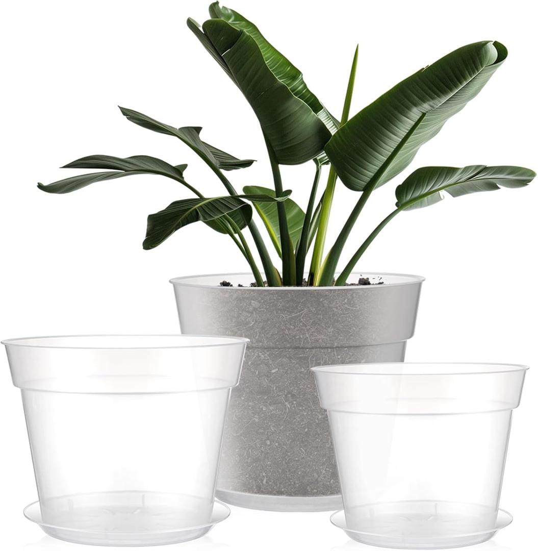Baderke 3 Pack Clear Nursery Pot Plastic Nursery Pot Large Plant with Drainage Holes for Root Health Indoor Outdoor(9.25 Inches,9.65 Inches,11.65 Inches)