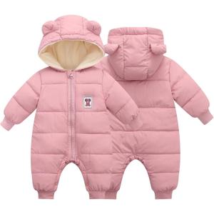 BYFRI Baby Boys Girls Snowsuit Newborn Cozy Winter Coat Infant Bear Hooded Jumpsuit Toddler Snow Outfit for 0-24 Months (Pink)