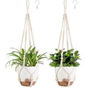 Mkono 6.5 Inch Hanging Planters, Macrame Plant Hangers with Self Watering Plant Pots Indoor Set of 2 Hanging Baskets Flower Pot Holders with Hooks No Tassels for Boho Home Decor, Ivory