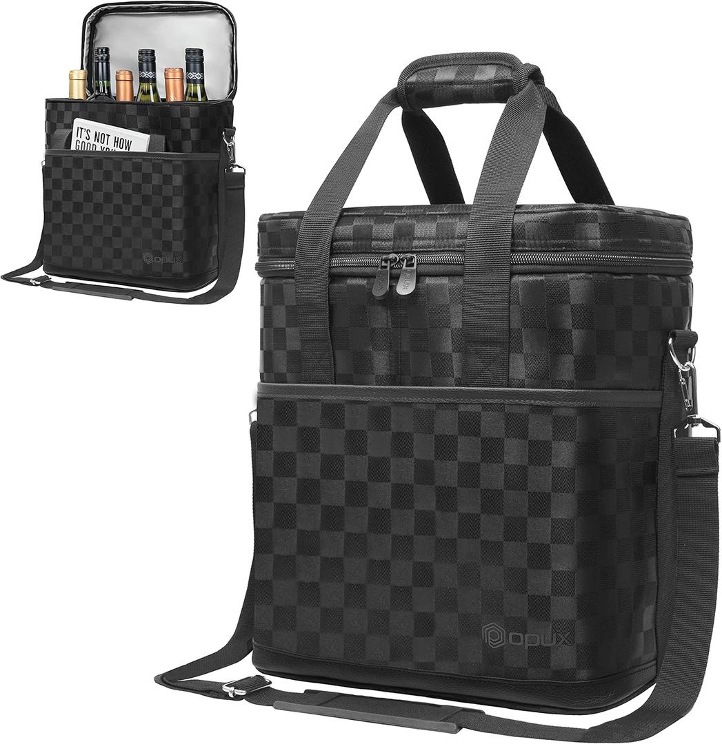 opux 6 Bottle Carrier Tote | Insulated Padded Wine Cooler Bag for Travel. Picnic, BYOB | Portable Leakproof Wine Tote Bag for Dinner, Party, Christmas, Wine Gift for Women, Men (Black Square)