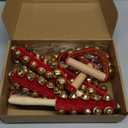 12 PCS Christmas Hand Jingle Bells Wooden Handle Bells Wrist Band Shaking Bell Stick Musical Percussion Instrument Bell for Xmas Holiday Music Birthday Party Favors (Red, Gold)