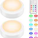 BLS LED Puck Lights with Remote Control, Wireless Under Cabinet & Closet Lighting, RGB 13 Color Changing Lights with Dimmer, Timer & AA Battery Operated, Push, Touch, Stick on for Night, White, 2 Pack