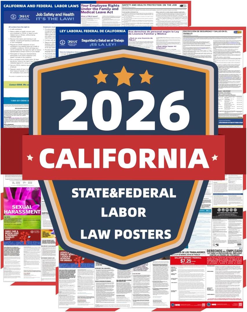 KERMENG 2026 California State and Federal Labor Laws Poster - English & Spanish Combo - OSHA Workplace Compliant - UV Waterproof Laminated 24" x 36" - Mandatory Regulations Posting for Employees