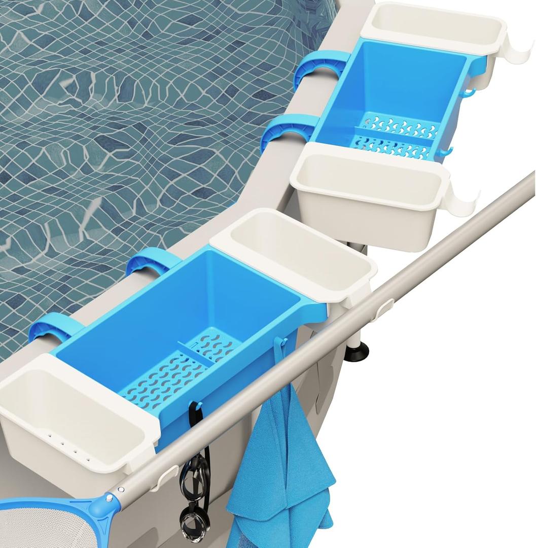 2025 2 Sets XL Poolside Storage Basket with 2 Cup Holder & Pole Hanger,Stretchable Pool Toy Holder Storage for Towels Drinks Pool Accessories Bar for Most Frame Above Ground Swimming Pools