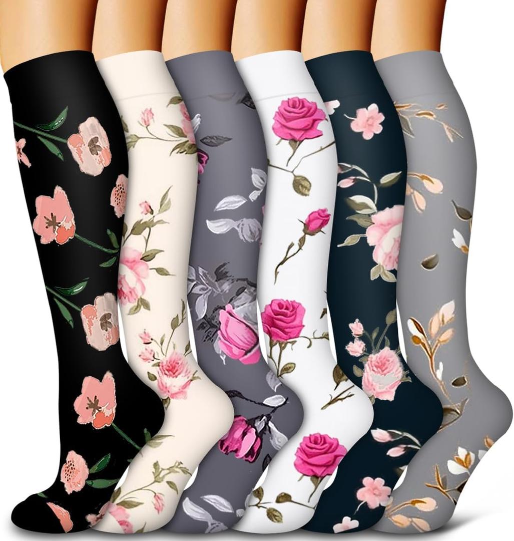 Bluemaple 6 Pack Copper Compression Socks for Women and Men Circulation-Best Support for Medical, Running, Nursing, Athletic (Small-Medium, D-assorted11-flowers01)