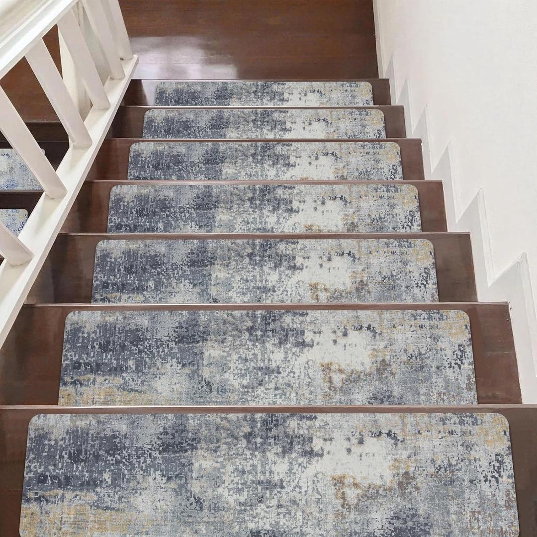 Stair Treads Non Slip for Wooden Steps, 15PCS 8"x30" Grey Rubber Backing Stair Runner Mats, Washable Reusable Carpet for Stairs Rugs Indoor Safety Staircase Step Treads for Kids Elders Dogs