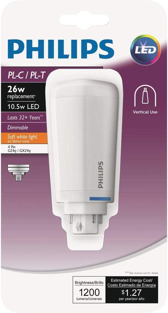 PHILIPS 26W Equivalent Soft White PL-C/T 4-Pin Vertical Orientation LED Tube Light Bulb - 1 Each
