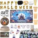 278 Pcs Happy Halloween Tableware Party Supplies Contain Forks Spoons Knives Paper Plates Balloons Tablecloth Ghost Banner Backdrop Bat stickers (Type 1)