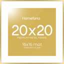 Homeforia 20x20 Picture Frame Gold, High End Metal 20 x 20 Square Poster Frame with Mat 16 x 16 Photo, 20x20 Frame Matted to 16x16 Print, 20by20 Gold Hanging Frames, Tempered Glass, Wall Kit, Set of 1