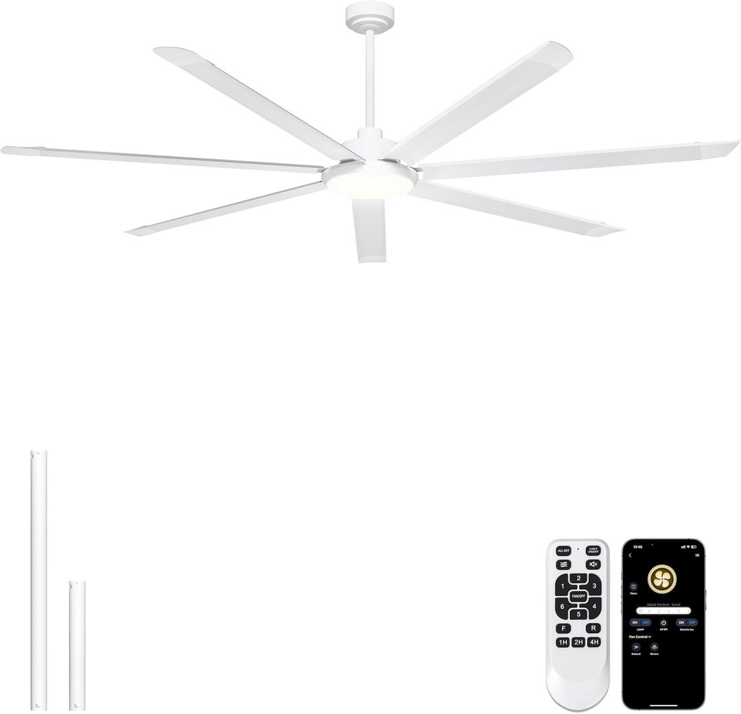Ohniyou 84'' Large Ceiling Fan with Lights, High CFM Industrial Ceiling Fan Remote/APP Control, 7 Aluminum Blades, 3CCT, for Warehouse, Shop, Gym, White