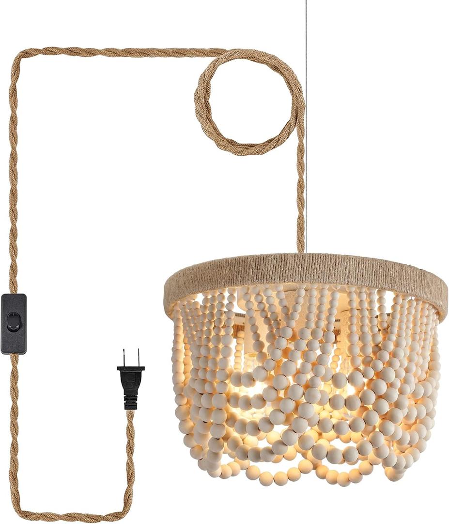 AMZASA Plug in Chandelier Boho Woven Hemp Rope Wooden Beaded Farmhosue Hanging Pendant Light Fixture with 14.8FT Cord On/Off Switch 3 Lights for Nursery Bedroom Living Room Dining Room UL Listed