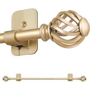 Curtain Rods No Drilling for Windows 28 to 48 Inch, 5/8 Inch Diameter Renter Friendly Gold Curtain Rod with 3M Adhesive Brackets for Bedroom/Apartment/Bathroom