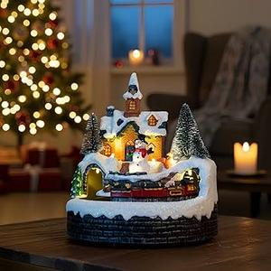 Animated Musical Christmas Village Figurines - Church Building and Snowman Statues with Rotating Train, LED Lights and Music - Battery & USB Powered Xmas Gifts and Festive Home Collection Decorations