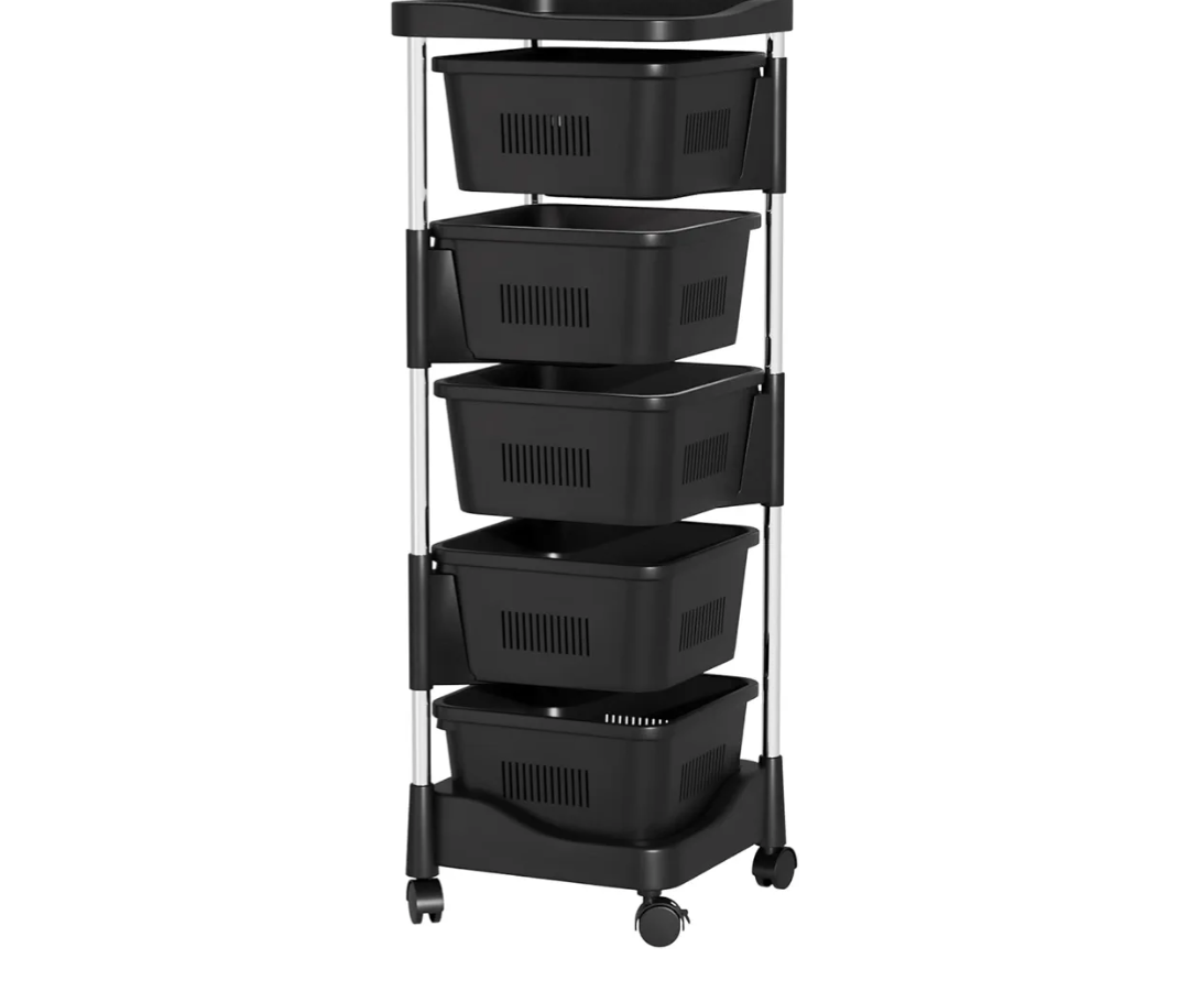 5 Layers Rotating Trolley,Rotating Kitchen Storage Shelves,Vegetable Storage Organizer,Laundry Room Basket Floor Stand Shelf Tower,Produce Bins Cart Rack for Onions Potatoes Black Five Layers