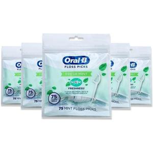 Oral-B Floss Picks Fresh Mint with Scope Freshness, Shred Resistant, 75 Count (Pack of 5)