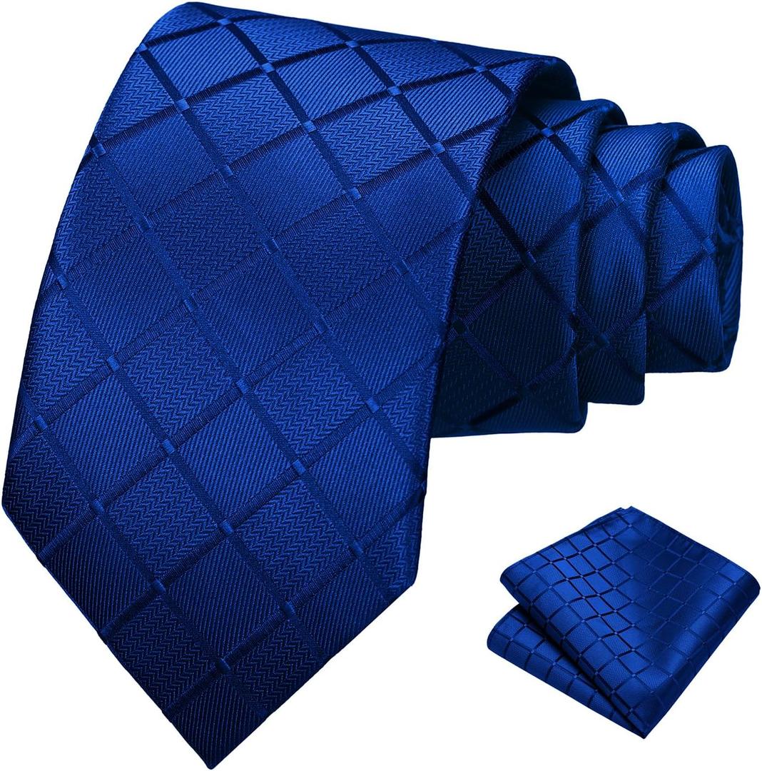 PenSee Mens Black Tie Checkered Tie Classic Necktie 3.15" (8CM) Plaid Ties For Men With Pocket Square Set (Medium, 108-royal Blue)