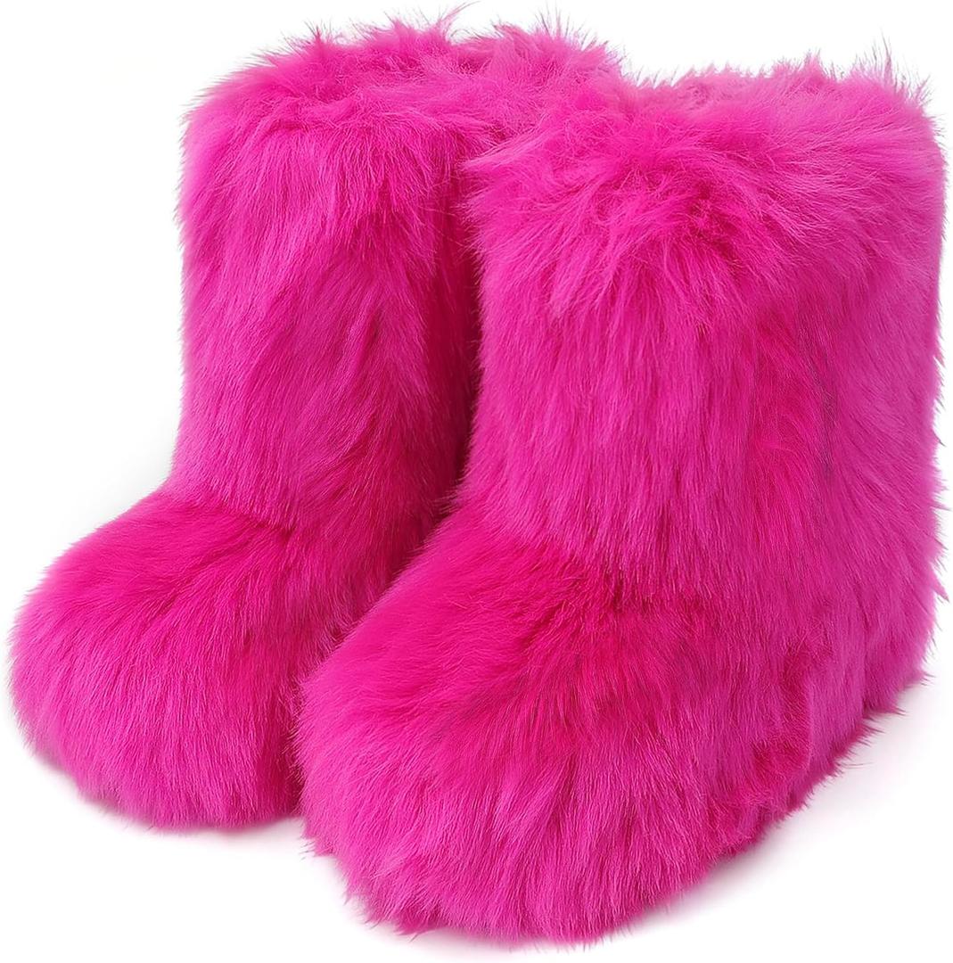 Faux Fur Boots for Women Furry Fluffy Short Snow Ankle Winter Boot Mid-Calf Fuzzy Outdoor Indoor Flat Shoes Comfortable (9.5, Pink)
