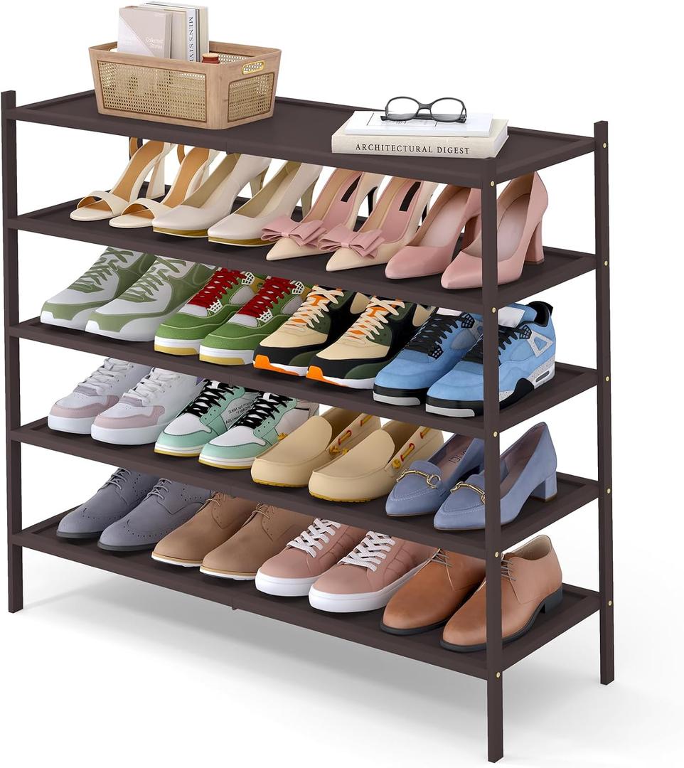Smiry Bamboo Long Shoe Rack, 5 Tier Shoe Organizer for Closet, Brown, 5 Tier-33.86" Wide