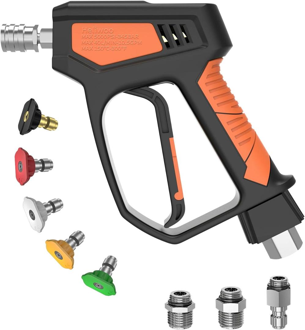 Pressure Washer Gun, 5000 PSI / 10.5 GPM with 3/8" Swivel Plug & M22-14mm/15mm Fittings, 5 Nozzle Tips, Suitable for Most Pressure Washers