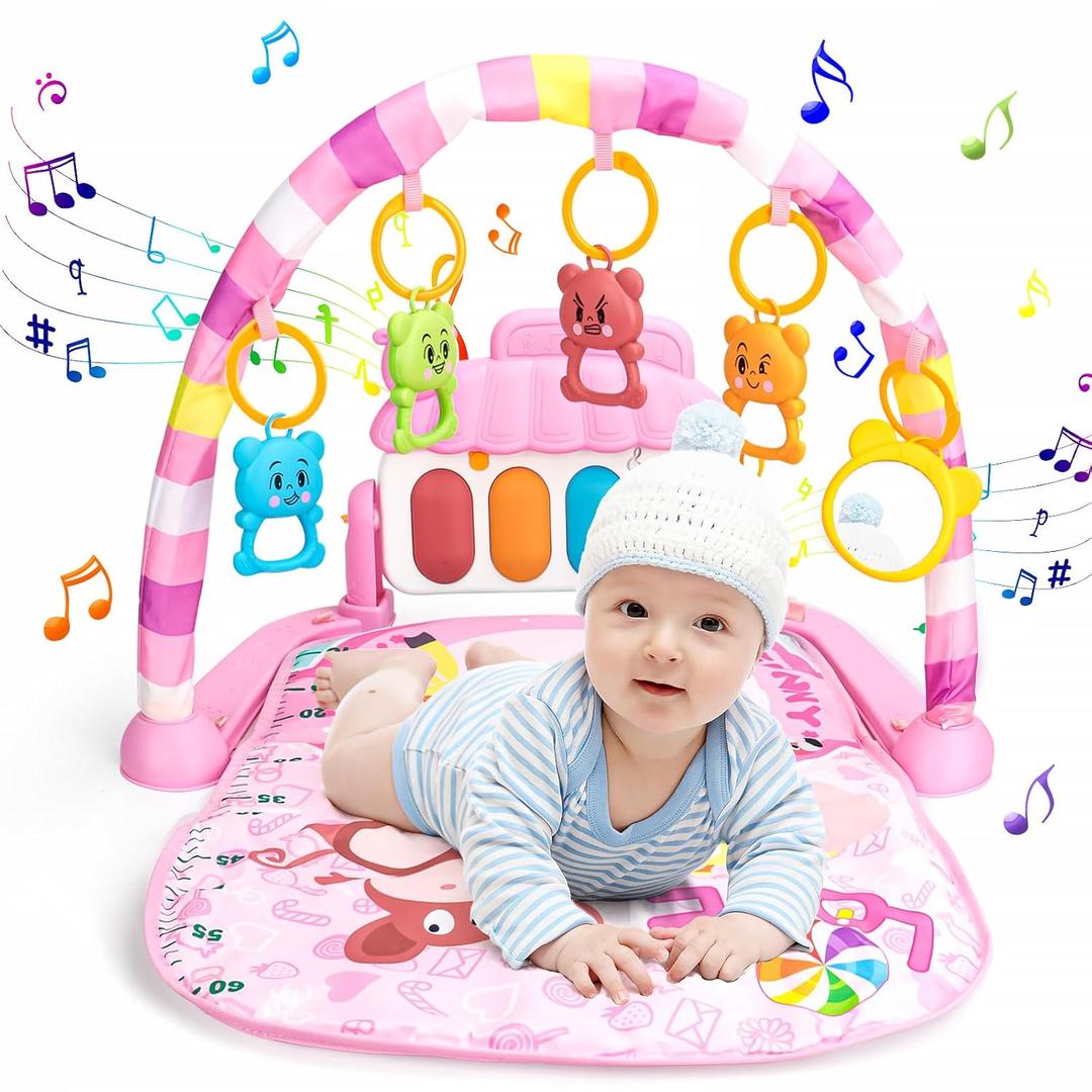Baby Play Mat for Babies 0-6 Months,Piano Tummy Time Activity Mat with Music,Play Mat for Babies with 5 Linkable Toys Pink-21