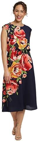London Times Women's Floral Print Placement Blouson Dress with Cap Sleeves, Size 8P
