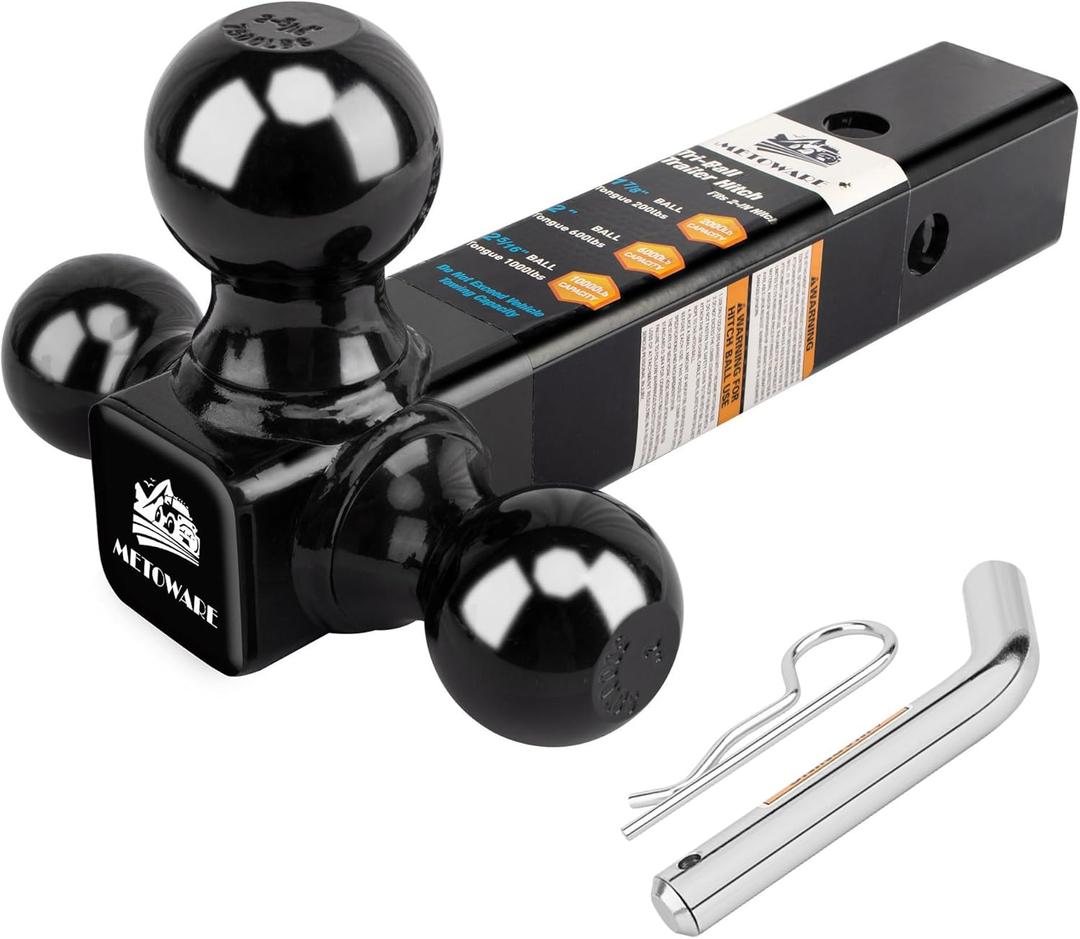 METOWARE Trailer Hitch Tri Ball Mount with 5/8" Hitch Pin, 1-7/8 Inch, 2 Inch and 2-5/16 Inch Tri Ball Hitch Fit 2 Inch Receiver, Hollow Shank Tow Hitch, Black